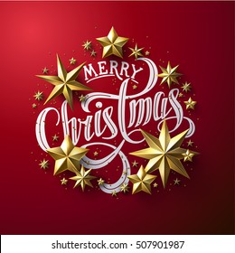 Calligraphic "Merry Christmas" Lettering Decorated with Gold Stars. Christmas Greeting Card .