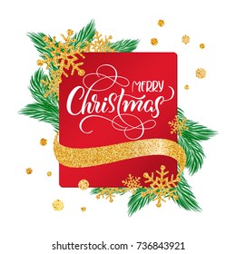 Calligraphic Merry Christmas Lettering Decorated text on red frame background with Gold snowflakes. Holiday feeling