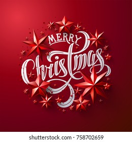 Calligraphic "Merry Christmas" Lettering Decorated with Red Stars. Christmas Greeting Card .