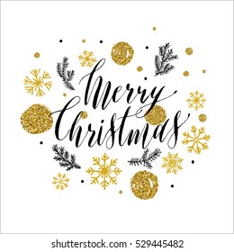 Calligraphic Merry Christmas  With Snowflakes. Hand Drawn Style Post Card.