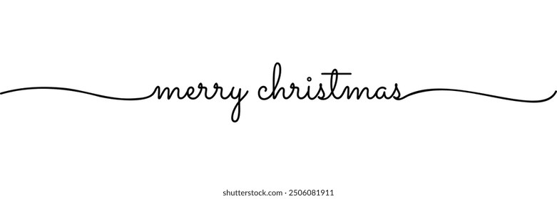 Calligraphic merry christmas text in ballpoint pen style isolated on white background. Rounded merry christmas sign in script text with capitalized first letters. Vector Illustration.