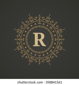 Calligraphic monogram emblem template design. Ornament line design vector illustration on paper background. Good for personal sign, Restaurant, Cafe, Hotel, Jewelry, Fashion, Store