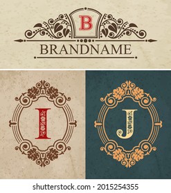 Calligraphic Monogram letters I and J Vintage design elements, Brandname luxury Vintage design, Flourish calligraphy monogram,Vector illustration