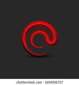 Calligraphic monogram AT sign, at a rate of logo, email addresses symbol red 3d shape, commercial at