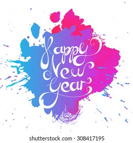 Calligraphic New Year lettering on background with bright spots. Vector illustration.Creative design element for a New Year card.