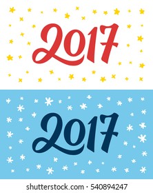 Calligraphic numbers 2017 on greeting cards templates with doodle stars and snowflakes. Vintage flat style banners set for New Year celebration