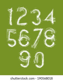 Calligraphic numbers drawn with ink brush, white vector numbers collection on green background.