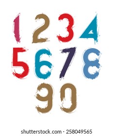 Calligraphic numbers drawn with ink brush, colorful vector numbers collection.