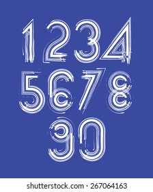 Calligraphic numbers drawn with ink brush, white striped vector numbers collection.