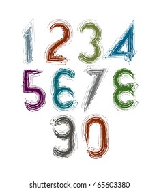 Calligraphic numbers drawn with ink brush, colorful vector numbers collection.