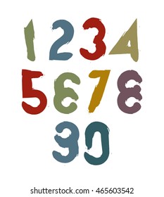 Calligraphic numbers drawn with ink brush, colorful vector numbers collection.