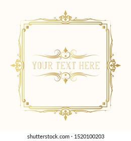 Calligraphic ornate golden frame for invitation card design. Hand drawn gold vintage elegant wedding border. Vector isolated antique ornament.