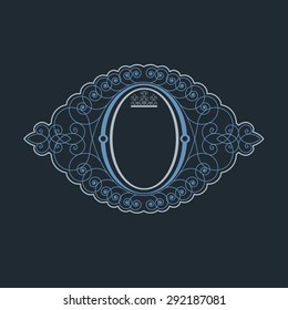 calligraphic oval frame with lines pattern around. Royal monogram luxury style