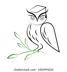 Calligraphic owl with branch. Vector illustration.