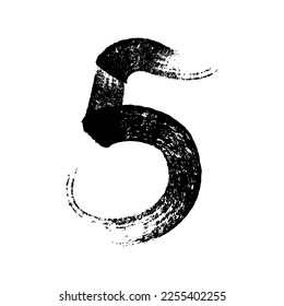 Calligraphic paint number 5, five. Ink brush lettering. Typography, freehand drawing. Vector illustration isolated on white background.