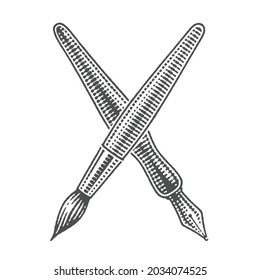Calligraphic pen with brush across. Hand drawn engraving style vector illustration.