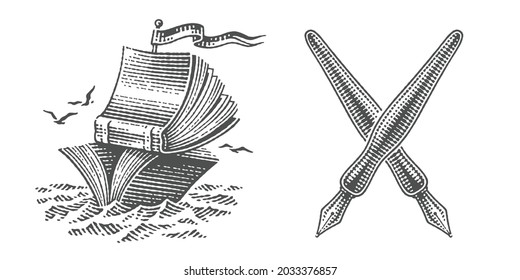 Calligraphic pens. Ship and books, school, education and library. Hand drawn engraving style vector illustration.