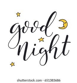 Calligraphic phrase good night and half of moon and stars illustration. Hand drawn lettering composition. Quote about sleep. Vector design.