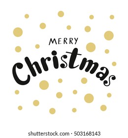 Calligraphic phrase Merry Christmas with golden dots on white for card or banner designs.