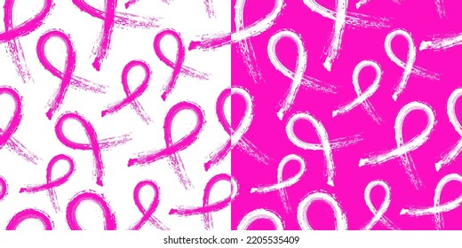 Calligraphic Pink Awareness Ribbon Seamless and repeatable pattern on white and pink backgrounds. Editable and scalable Vector Illustration. For Breast Cancer awareness symbol.