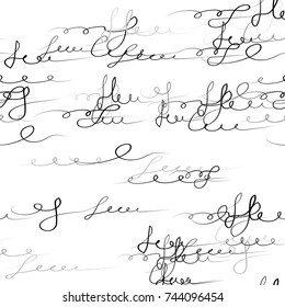 Calligraphic Print Design with Black Hand Drawn Signs and Sketchy Letters on White Background. Calligraphy Abstract Text Seamless Pattern. Handwritten Vector Illustration. Packaging, Fabric Texture