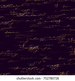 Calligraphic Print Design with Gold Handwritten Signs and Sketchy Letters on Dark Background. Abstract Calligraphy Text Seamless Pattern. Hand Drawn Ink Vector Illustration. Ad, Fashion Texture
