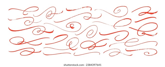 Calligraphic red decorative swooshes and flourishes collection. Hand drawn vector underline swish for text decoration, calligraphy tails. Curved and swirl lines set. Hand drawn ornament ink elements.