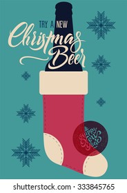 Calligraphic retro Christmas Beer poster. Vintage vector illustration.
