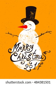 Calligraphic retro Christmas card design with snowman. Grunge vector illustration.