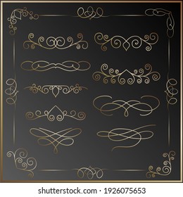 Calligraphic Retro Text Divider. Set Of Vector Text Dividers And Frame In Gold. Vector Vintage Design Elements And Page Decorations Professional Typography Primitive Elements For Logo Design. 