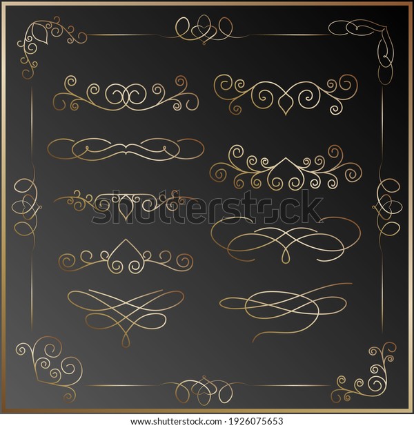 Calligraphic Retro text divider. Set of vector text\
dividers and frame in gold. Vector Vintage Design Elements and Page\
Decorations Professional Typography Primitive Elements for Logo\
Design. 
