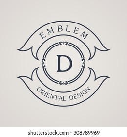 Calligraphic round emblem. Vintage symbol. Vector illustration ribbon with logo letter D