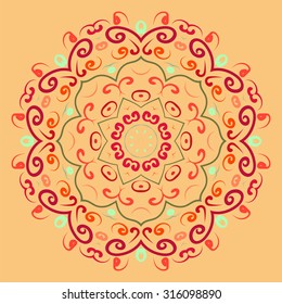 Calligraphic round ornament. Circle lace Pattern. Decorative Frame. Circular design template. Vector Illustration. Red, pink, orange, green colors