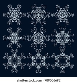 Calligraphic round ornament collection. Collection of hand drawn ornamental circle design elements. Set for design, birthday holiday, kaleidoscope, medallion, yoga, bohemian, snowflake
