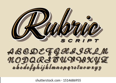 A calligraphic script font; this alphabet has a modern but slightly retro vibe with streamlined letters and highlight and shadow effects.