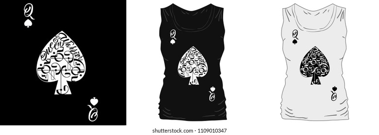 Calligraphic script "Queen and warrior", abstract lettering pattern and t shirt mockup. T-shirt print design. Printing and badge applique label t-shirts, playing card. Vector illustration.