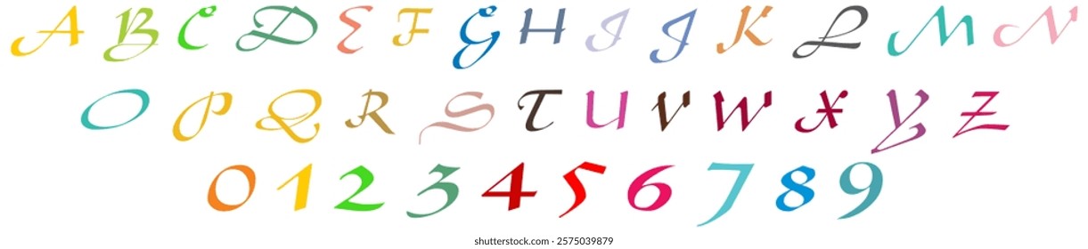 Calligraphic script vector alphabet letters set vector font. Set of letters and numbers futuristic design. Vector illustration