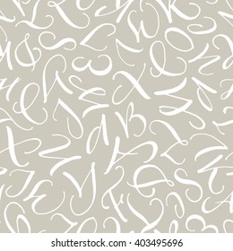 Calligraphic seamless pattern. White handwritten letters on beige background. 