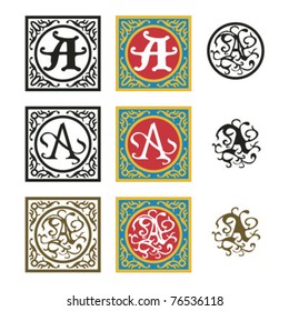 Calligraphic set of letters A as initials