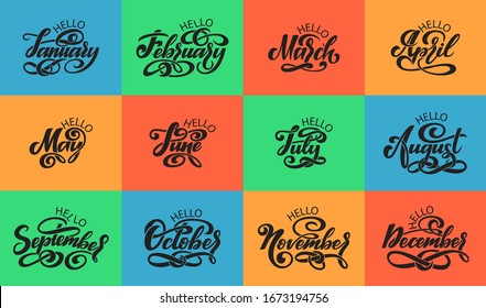 Conjunto calligráfico de Adioses meses del año. Cepillado meses escritos a mano del año. Nombres de meses con letras de mano. Clasigráfico aislado en tinta negra. Ilustración del vector