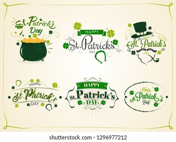Calligraphic set of St Patrick's Day with festival elements on vintage paper background.