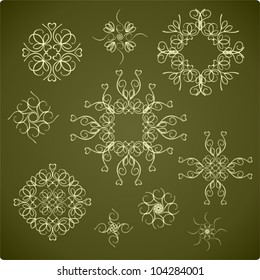 Calligraphic Snowflakes Vintage Set, Old Decor, Dark Background, Vector Version