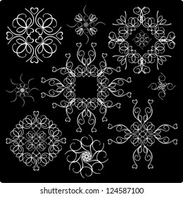 Calligraphic Snowflakes Vintage Set, Old Decor, White Background, Vector Version