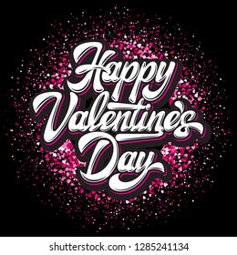 Calligraphic stylish vector inscription Happy Valentines Day with hearts on a colored background.