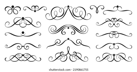 Elementos de diseño de intercambio caligráfico. Remolques antiguos de ornamentos, deslizamientos abstractos de línea. Borde de etiqueta retro floreciente, delimitador de página, divisores de texto. Marco de esquema dibujado de lápiz de tinta de viñeta victoriana