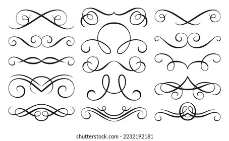 Éléments de conception d'un swash calligraphique. Des tourbillons ornementaux vintage, des parchemins de ligne abstraits. Bordure de l'étiquette fleurie rétro, séparateur de page, séparateurs de texte. Cadre de motif dessiné à l'encre de vignette victorienne