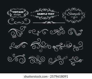 Calligraphic swirl flourish. Modern swirling flourishes, romantic card decorative swirl and wedding card decor curls swirles dividers set. Black curly thin lines, filigree ornaments collection