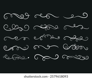 Calligraphic swirl flourish. Modern swirling flourishes, romantic card decorative swirl and wedding card decor curls swirles dividers set. Black curly thin lines, filigree ornaments collection