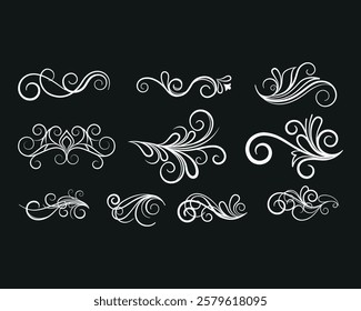 Calligraphic swirl flourish. Modern swirling flourishes, romantic card decorative swirl and wedding card decor curls swirles dividers set. Black curly thin lines, filigree ornaments collection