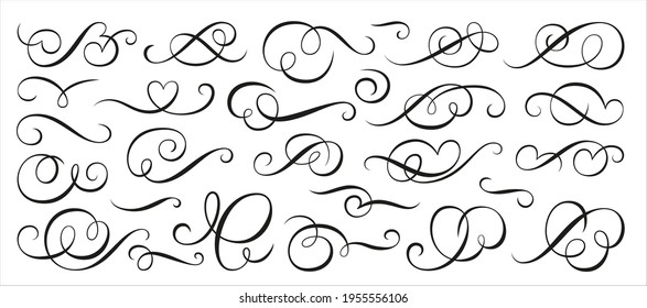 Kalligraphische Swirl-Ornament, Linienstil floriert Set. Filigree Vignettenschmuck. Dekorative Gestaltungselemente für Menü, Zertifikat, Diplom, Hochzeitskarte, Invasion, Umriss-Textteiler